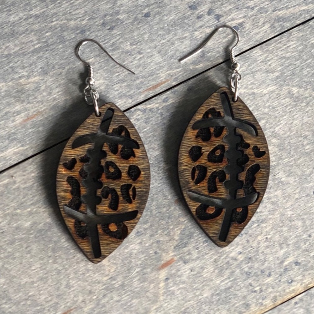 Walnut Stained Wood Leopard Football Cutout Wood Earrings